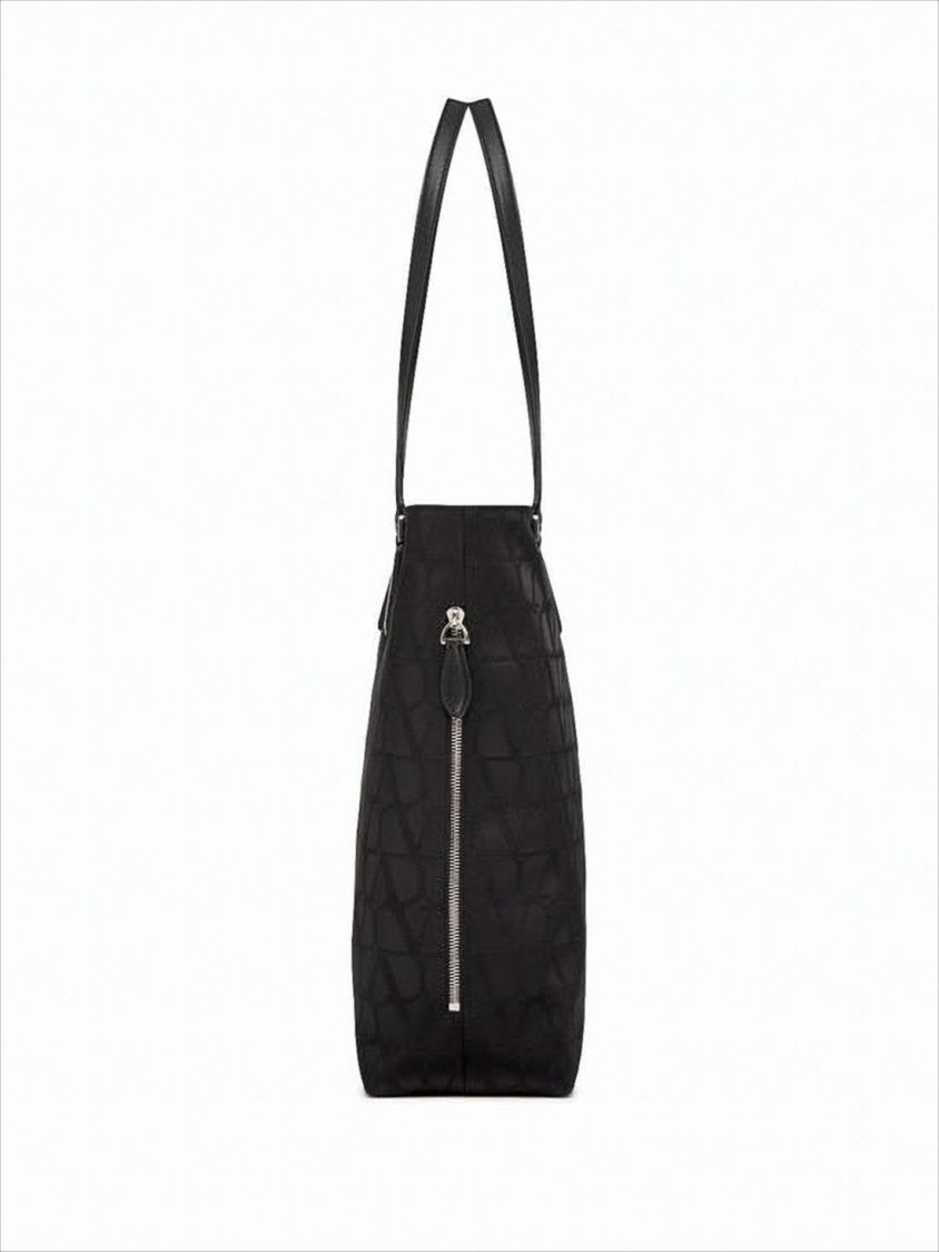 Structured Black Tote Bag with Embossed Logo Motif