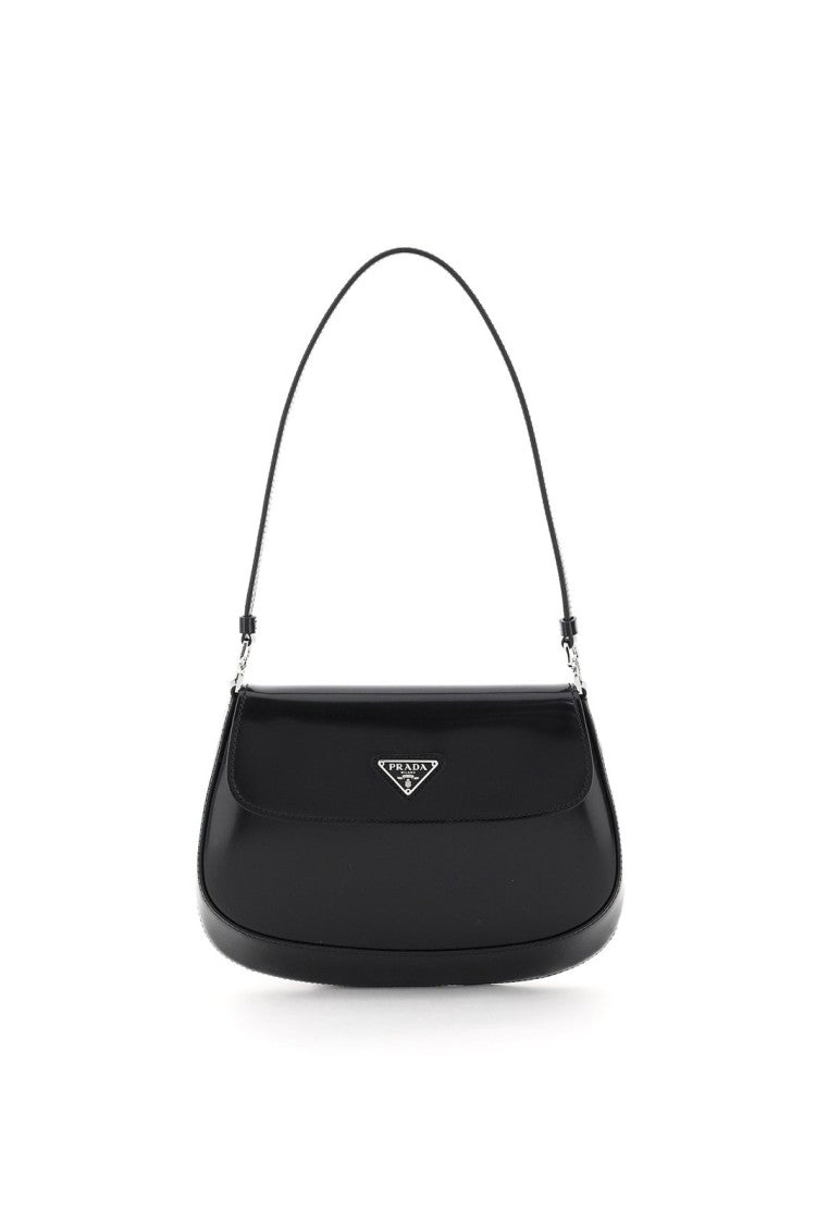 Curved Black Cow Leather Shoulder Bag with Triangular Logo Plaque