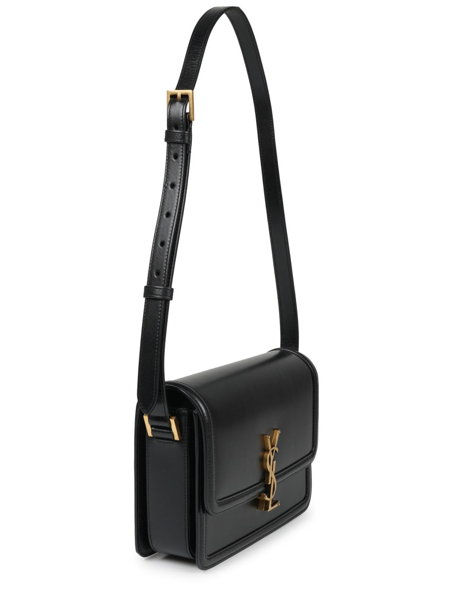 Rectangular Black Leather Shoulder Bag With Gold-Tone Logo