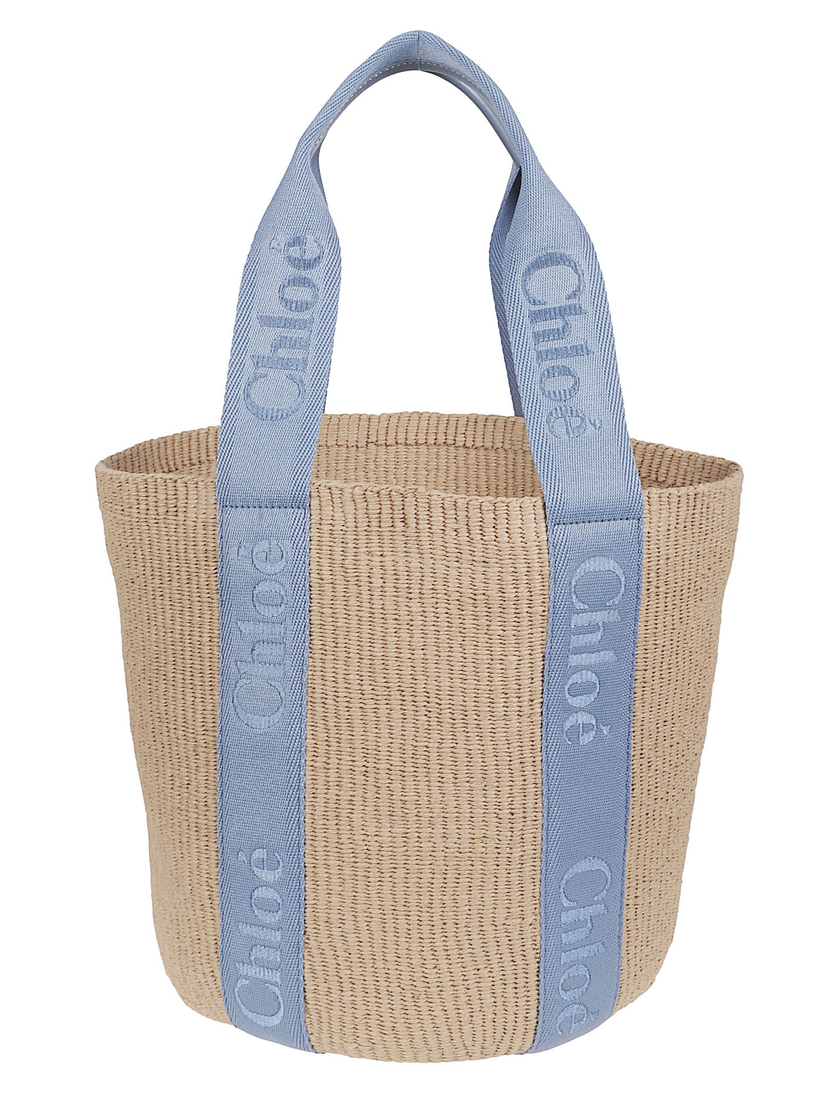 Woven Basket-Style Bag with Light Blue Handles and Embossed Branding
