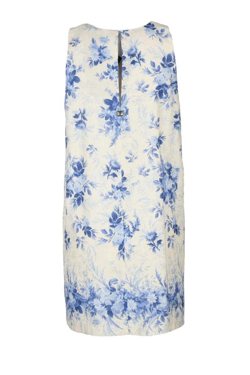 Sheath Dress Linen/Cotton - White/Blue
