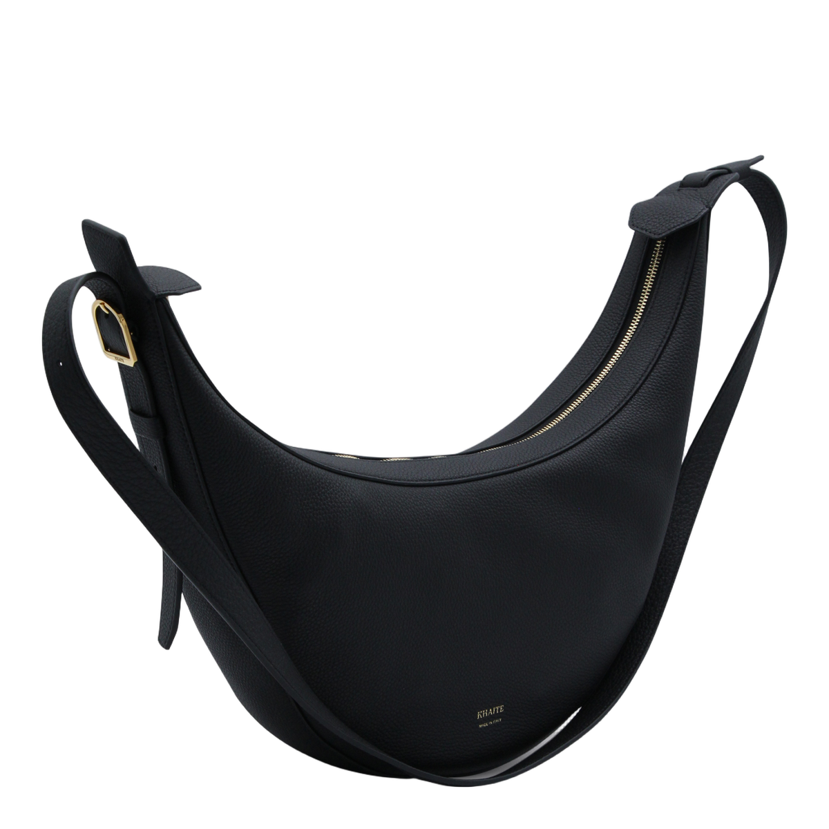 Crescent-Shaped Black Bag with Zip Closure