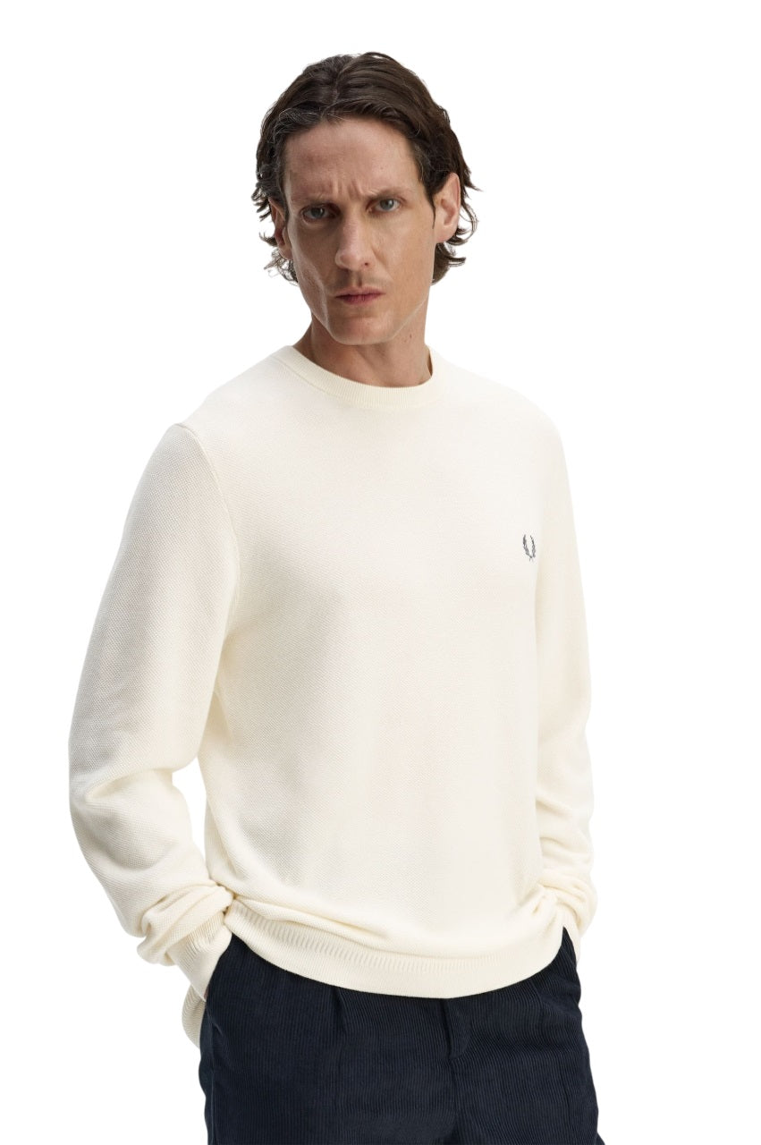 Cream Crewneck Sweater With Ribbed Details