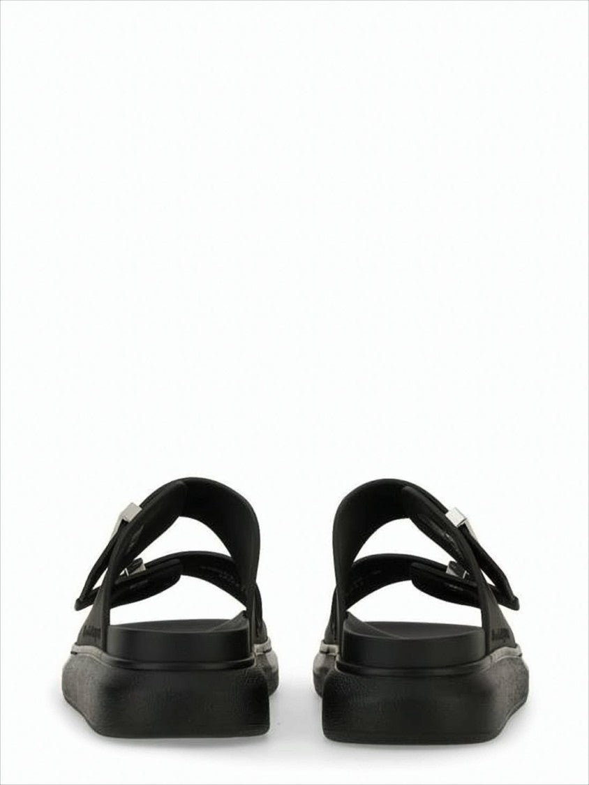 Black Rubber Slip-On Mules with Adjustable Straps