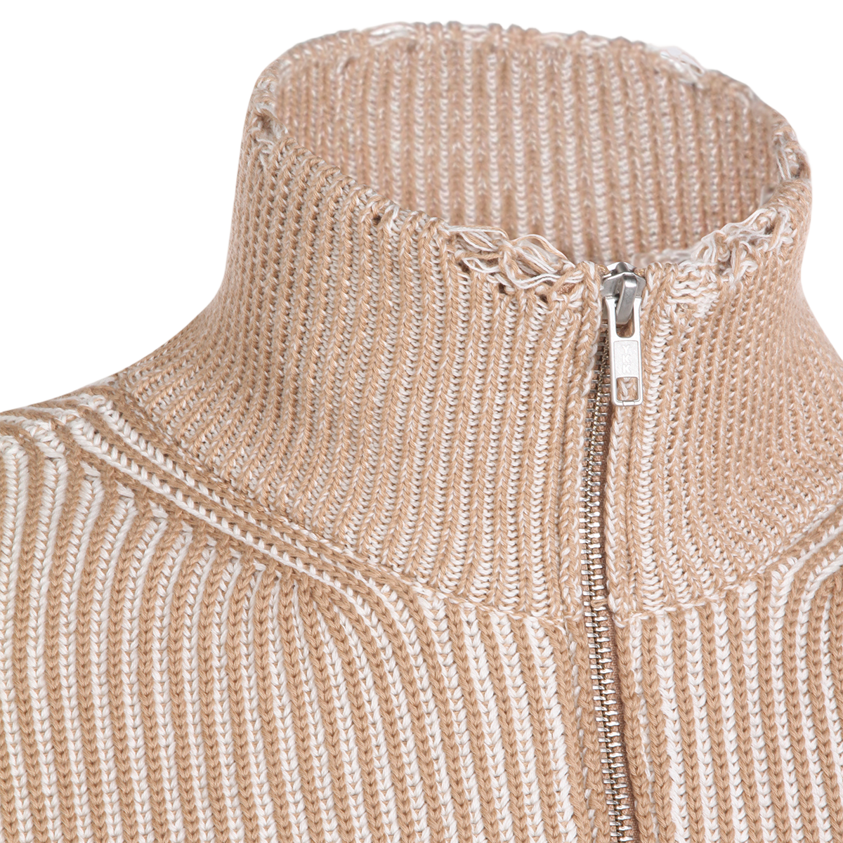 Ribbed High Collar Sweater with Distressed Detailing