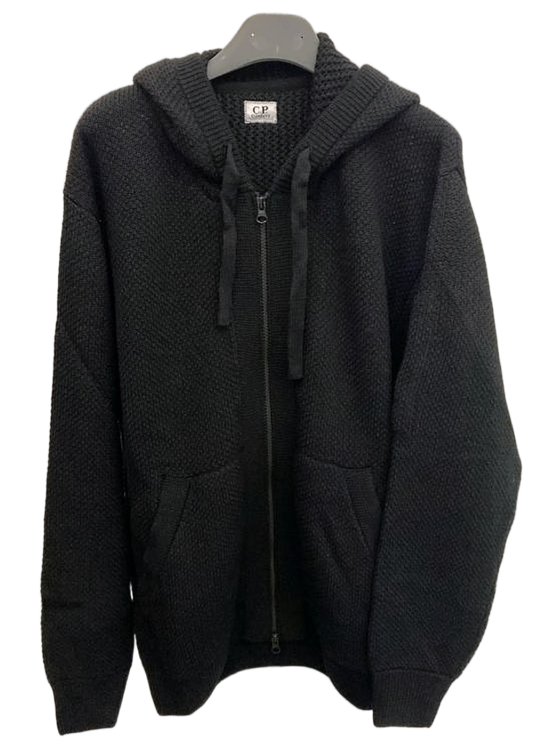 Textured Knit Black Cardigan With Full Zip Closure And Hood