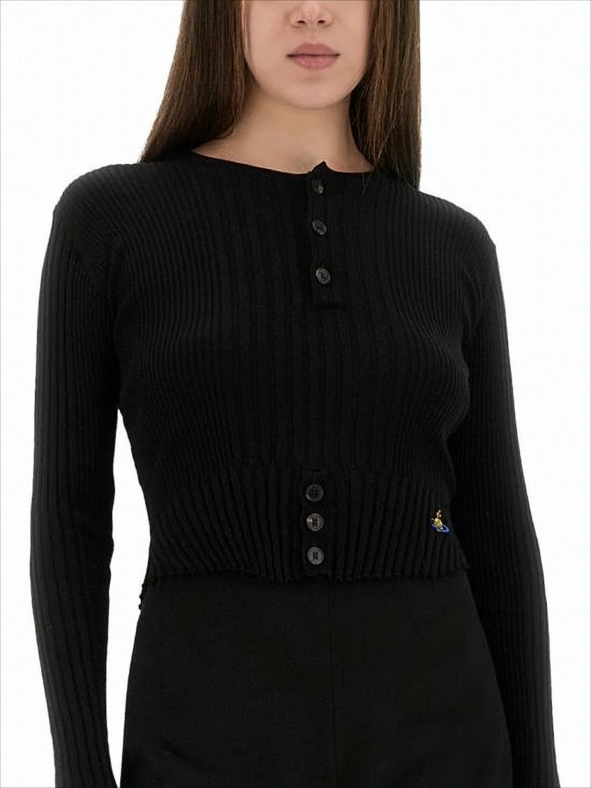 Cropped Fitted Knit Sweater with Button Placket