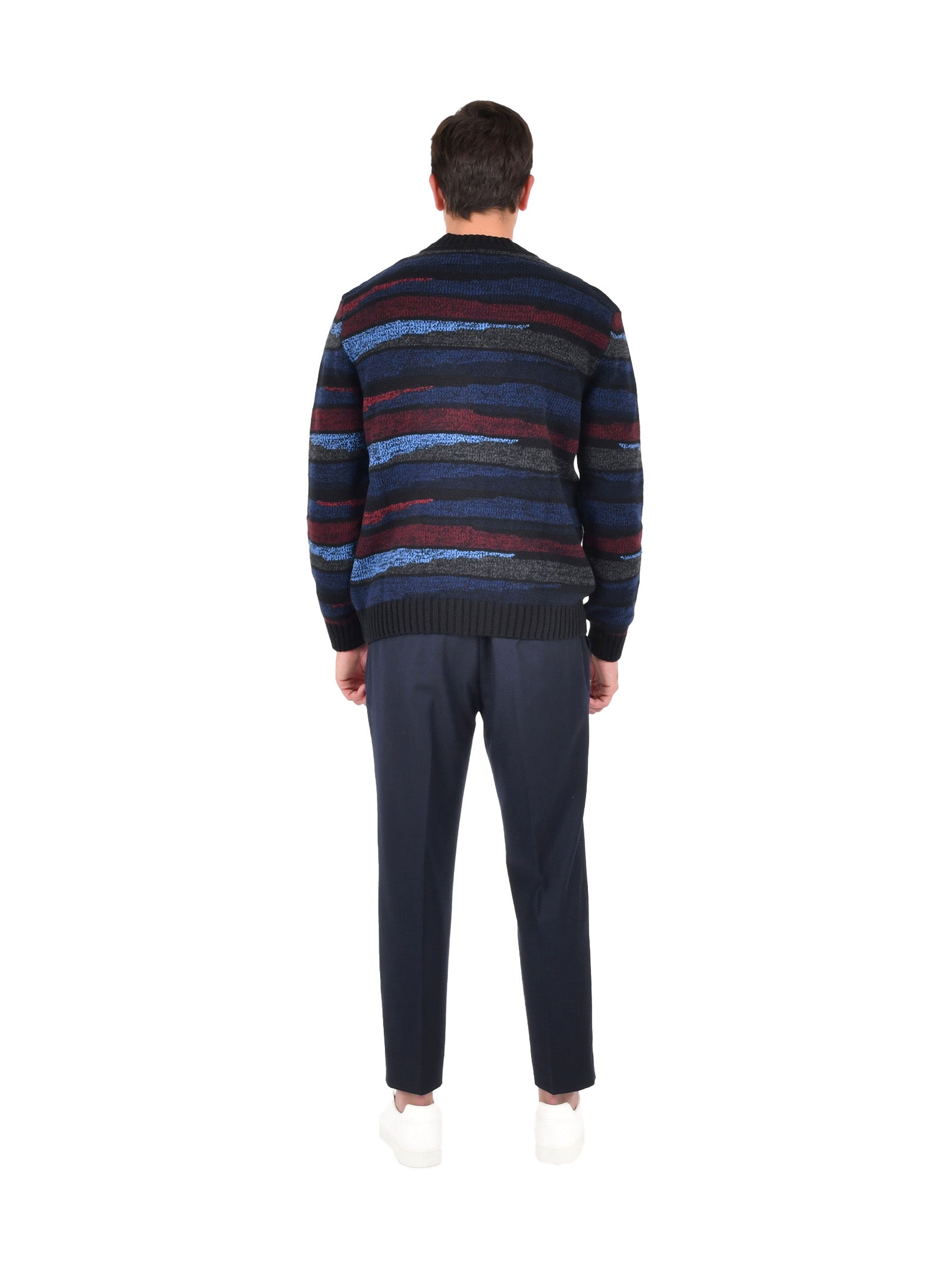 V-Neck Wool Cardigan With Multicolor Striped Inlays