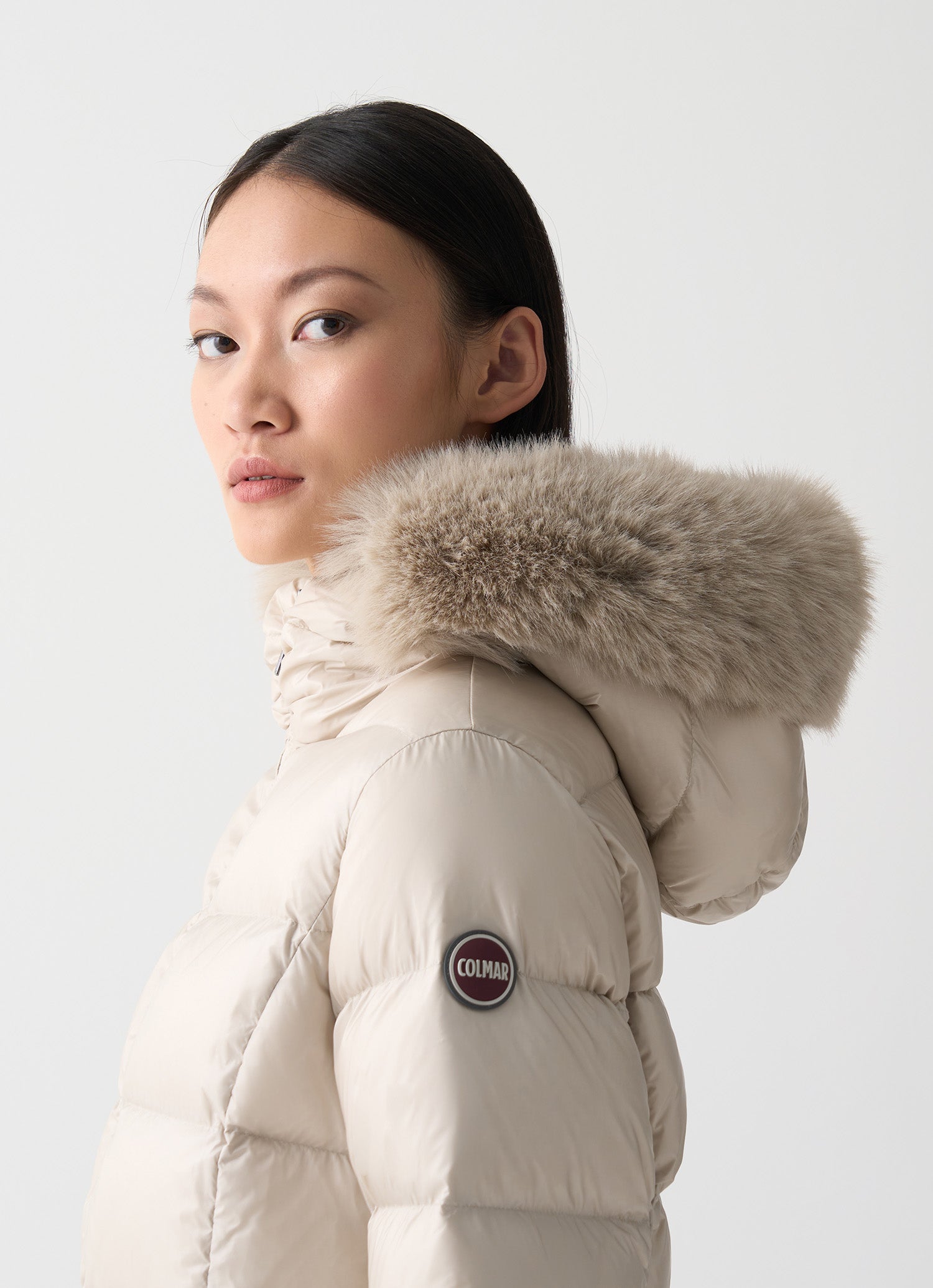 Long Puffer Coat With Synthetic Fur Trim