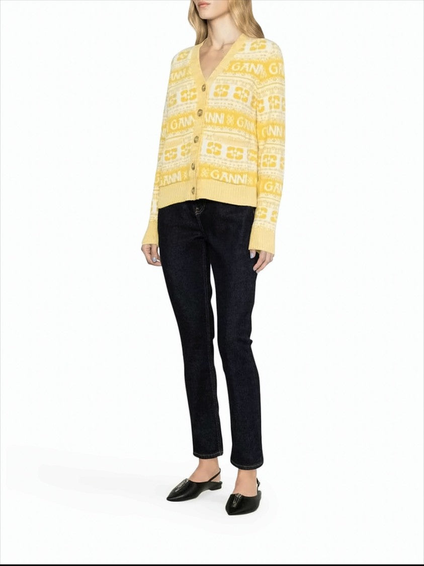Cropped V-Neck Cardigan with Logo Motifs and Geometric Designs