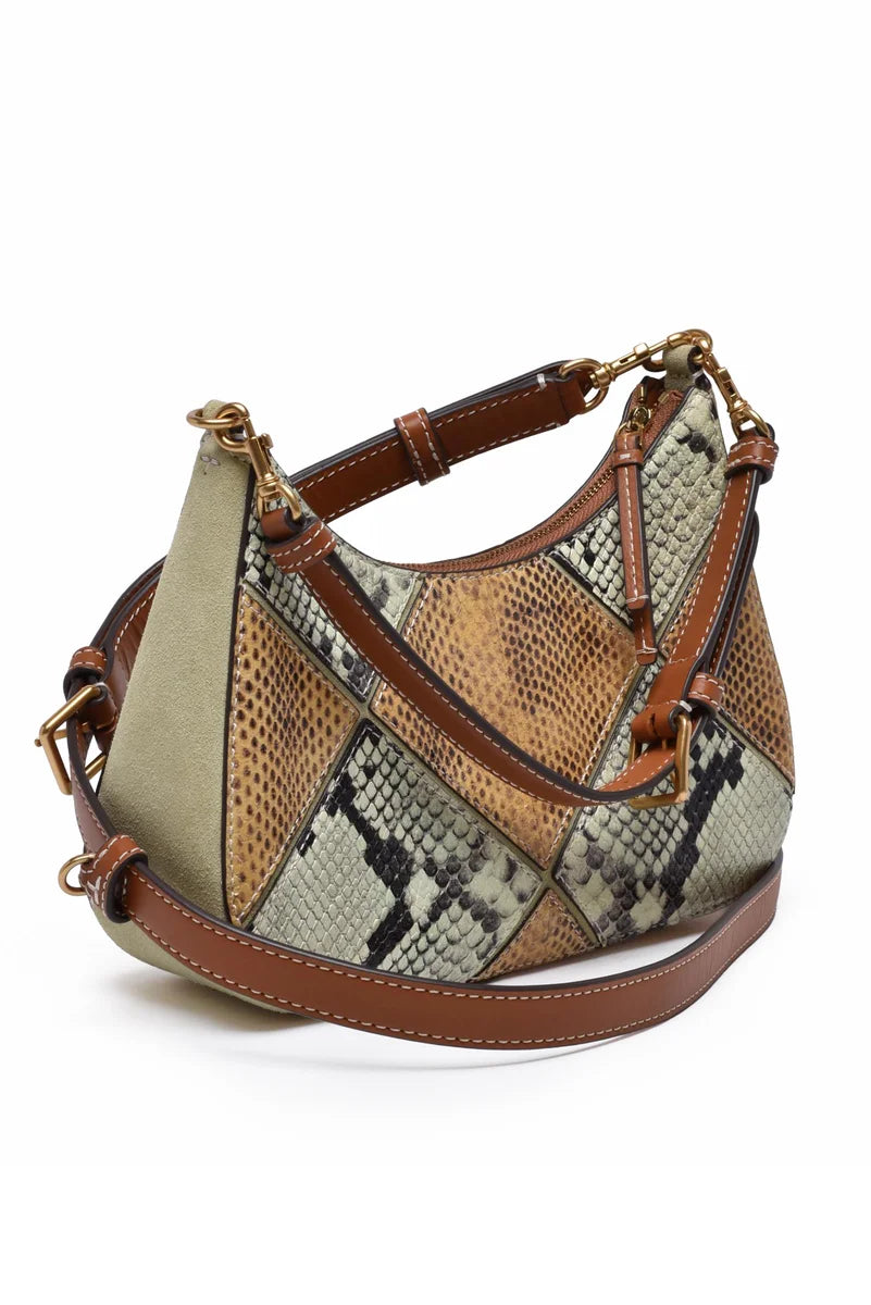 Thea Patchwork Convertible Shoulder Bag - Green/Beige