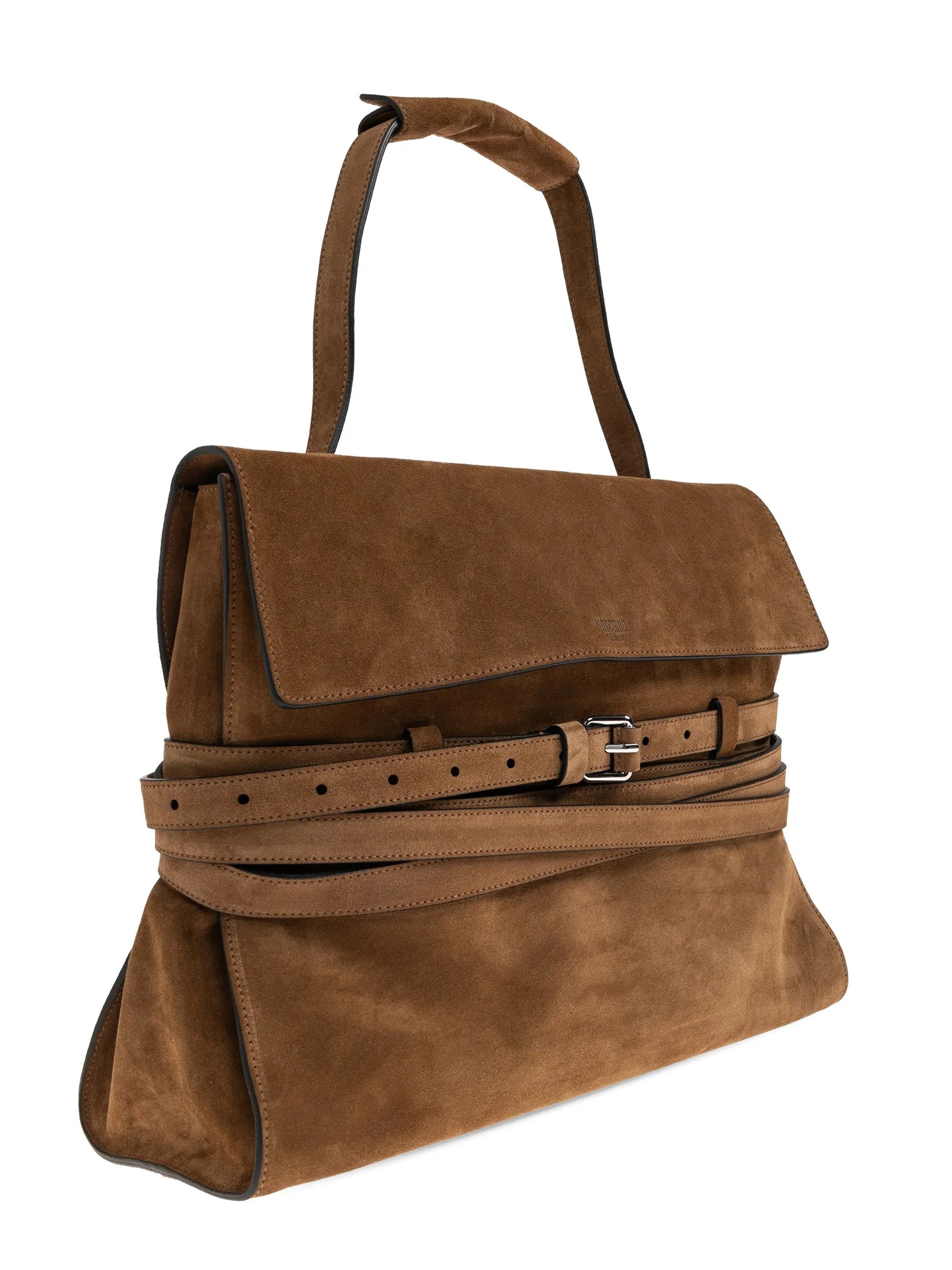 Brown Large Rectangular Suede Handbag With Belts