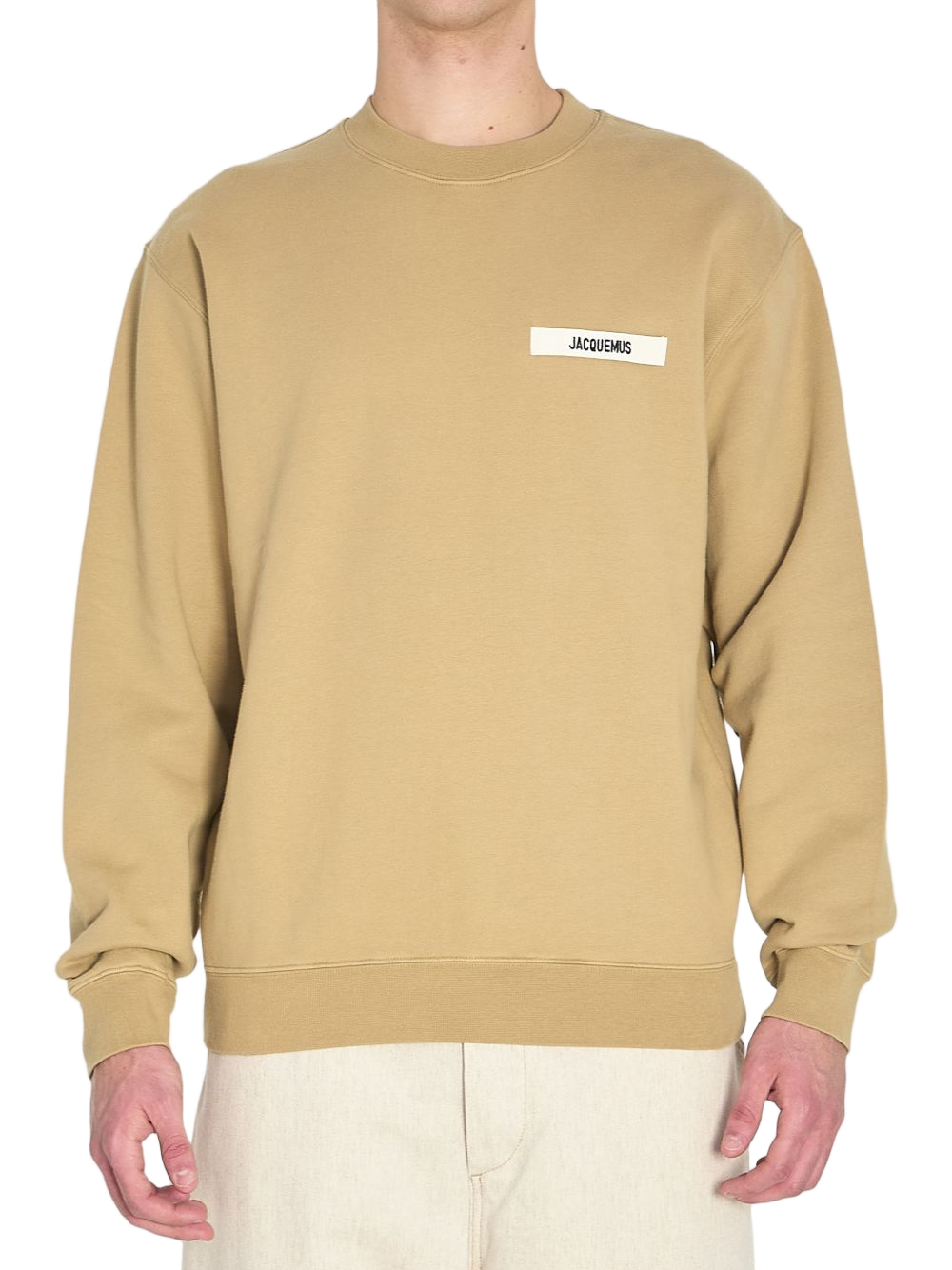 Beige Crewneck Sweatshirt With Relaxed Fit And Subtle Patch