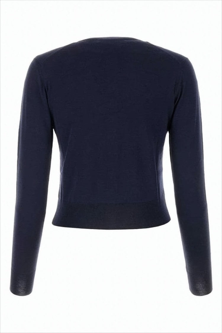 Cropped Blue Wool Cardigan With Button-Down Closure And Embroidered Detail