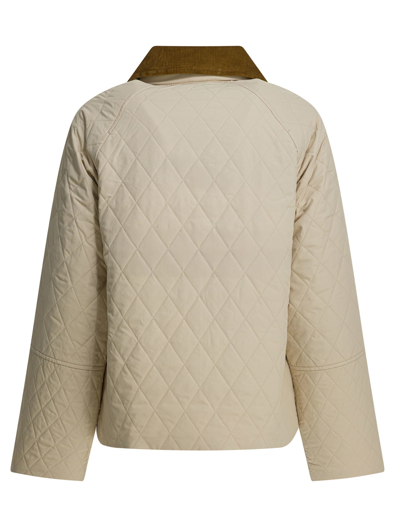 Beige Quilted Jacket With Corduroy Collar And Diamond Pattern