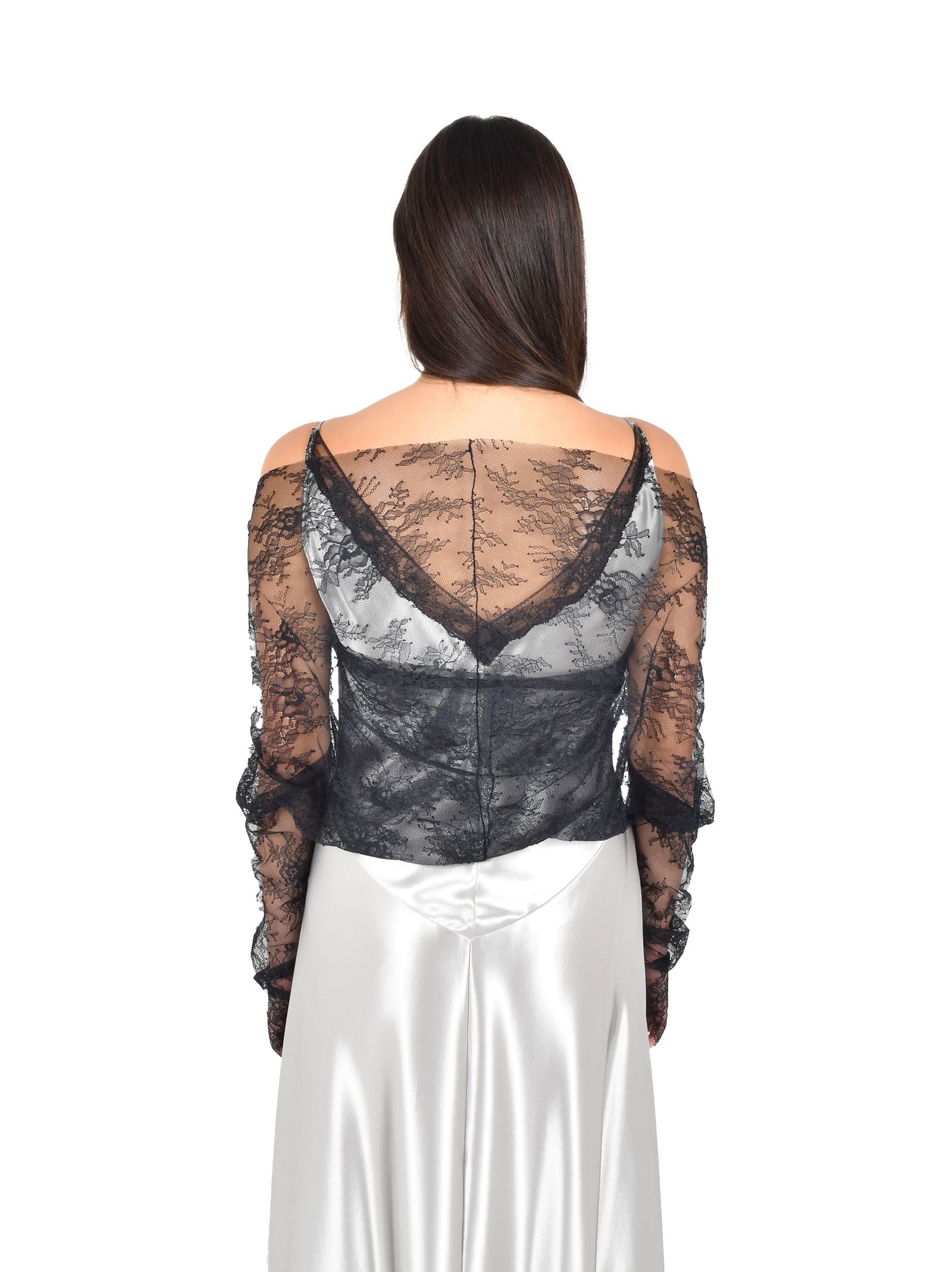 Silver Satin Maxi Dress With Lace Inserts