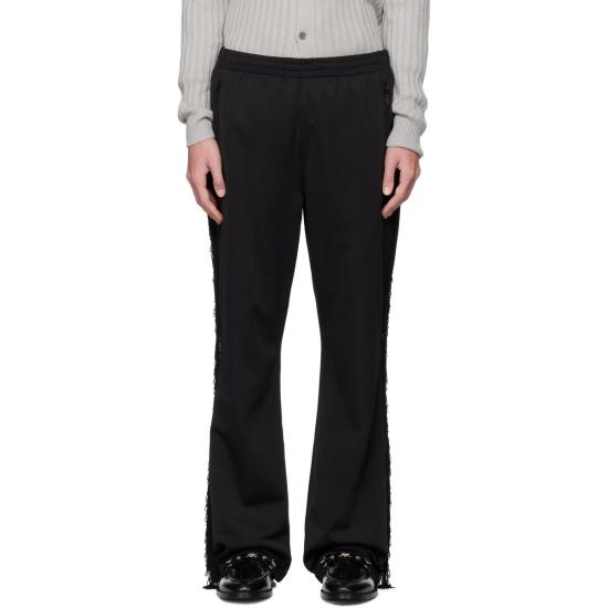 Relaxed Fit Black Pants With Elastic Waistband And Textured Side Detail