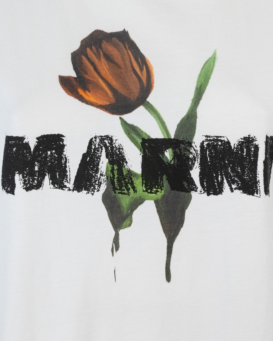 White Cotton T-Shirt With Tulip Print