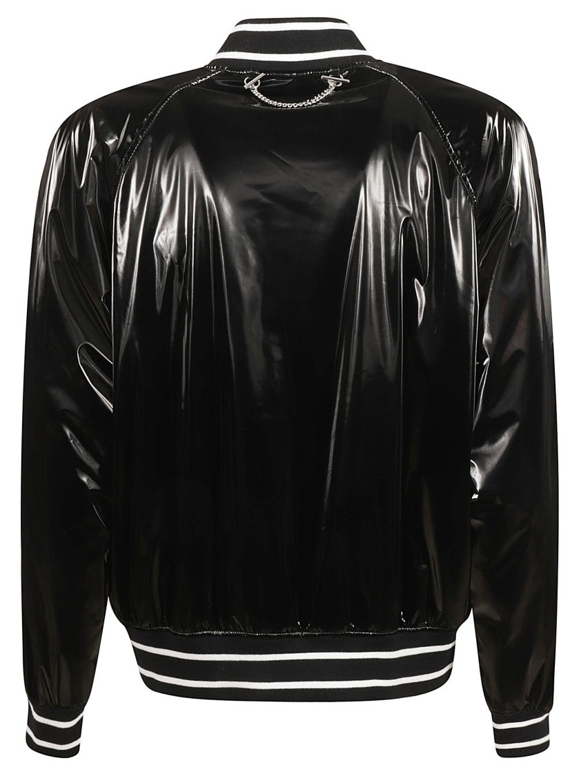 Glossy Black Bomber Jacket With Contrasting Stripes