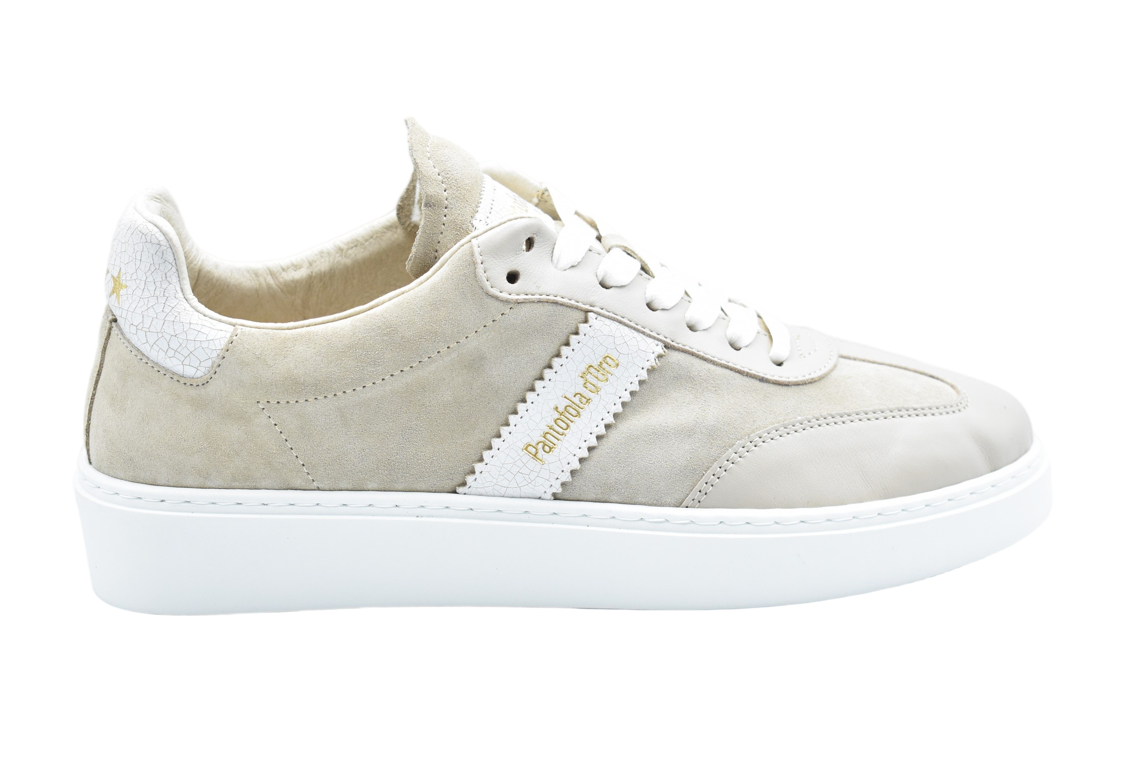 Low-Top Beige Shoes With Laced Design And Gold Accents