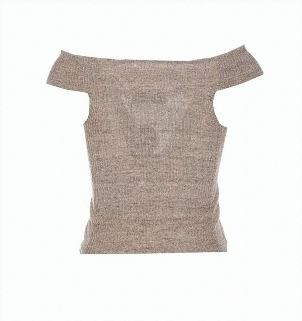 Off-the-Shoulder Textured Linen Sleeveless Top with Embroidered Emblem