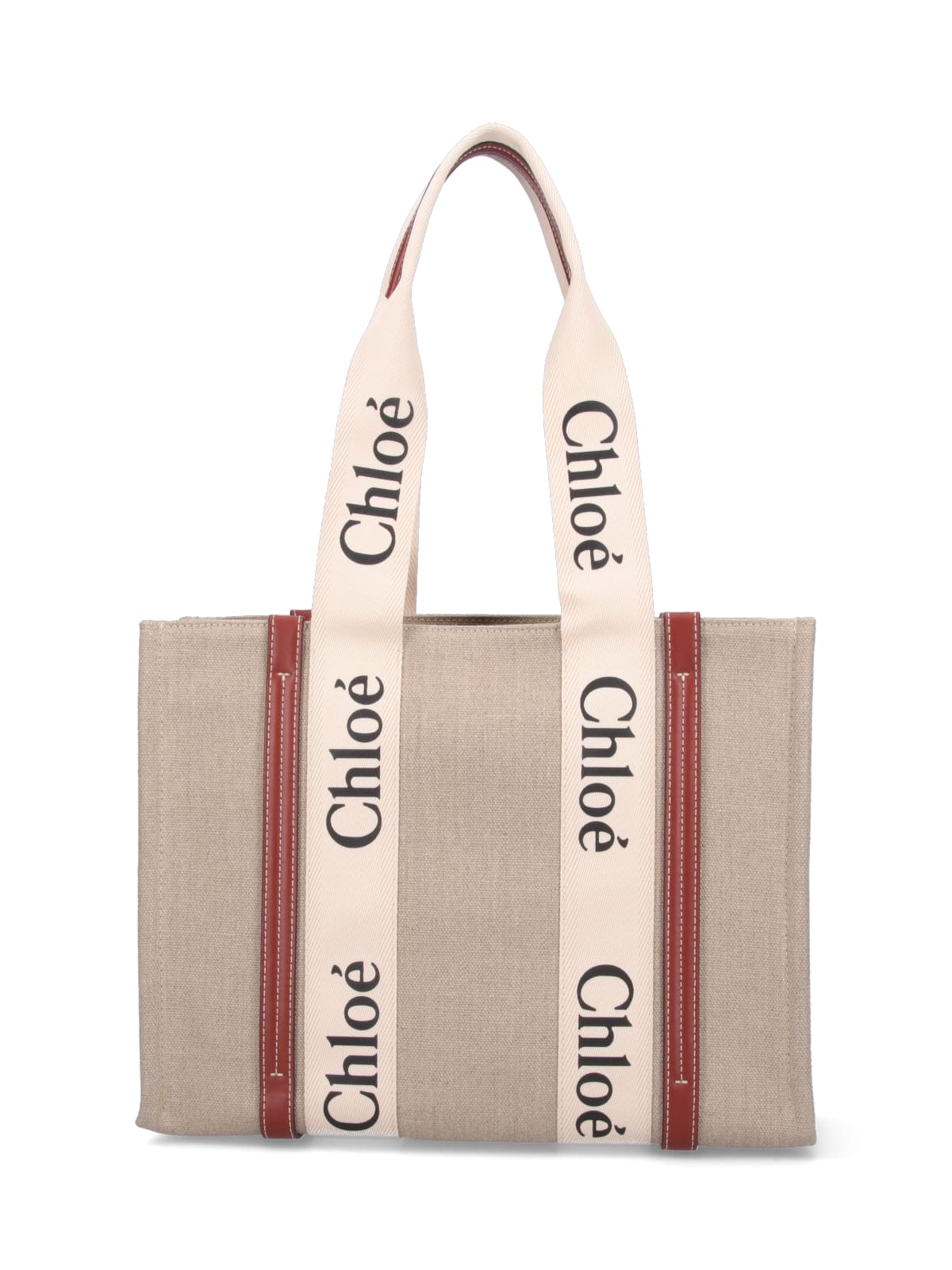 "Woody" Medium Tote Bag, In Beige Linen Canvas