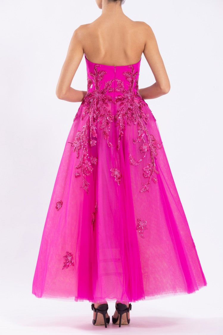 Tulle Beaded Dress With A Crepe Strapless Top