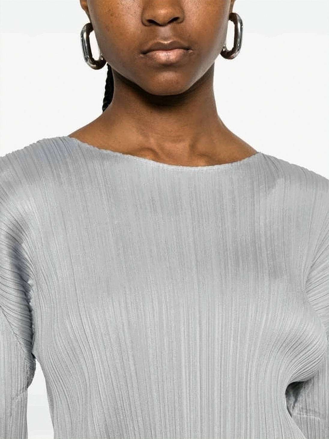 Pleated Texture Long-Sleeve Top With Cropped Hem