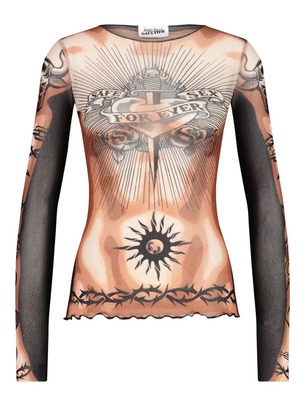 Tattoo-Inspired Sheer Long-Sleeved Top With Bold Motifs