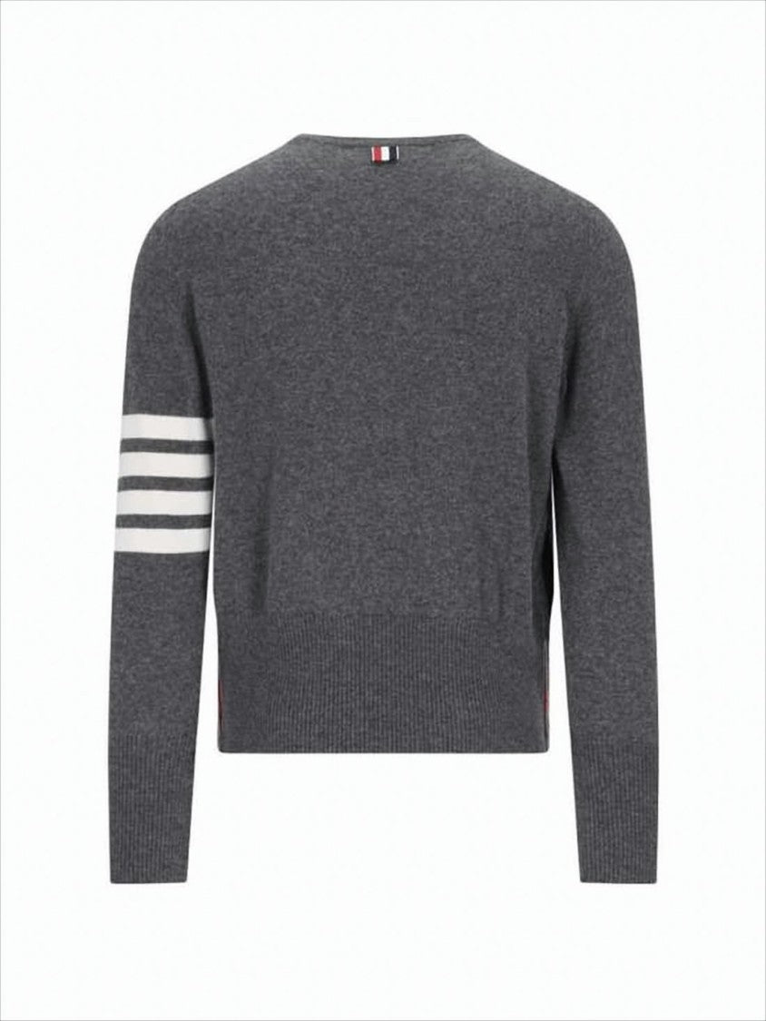 Crew Neck Cashmere Sweater with Contrasting Stripes and Side Buttons