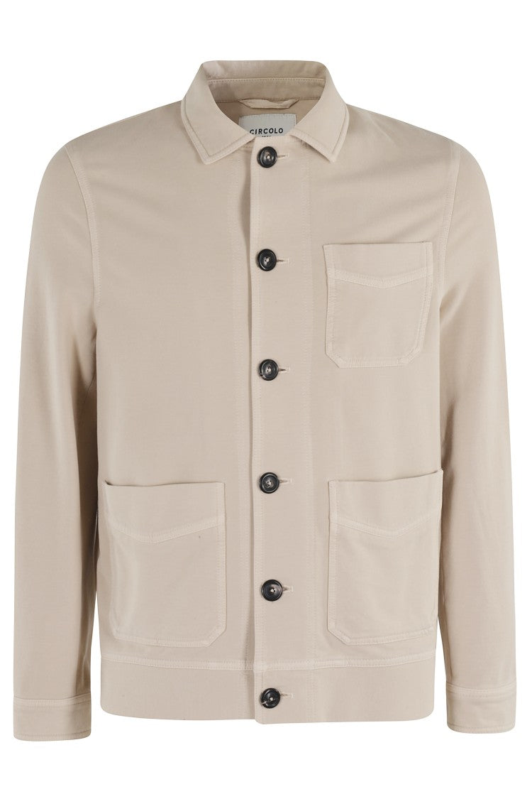Sand Cotton Fleece Overshirt With Patch Pockets