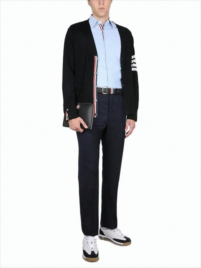 V-Neck Wool Cardigan with Striped Accent Details