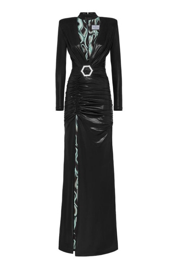 Deep V-Neck Dress With Ruched Waist