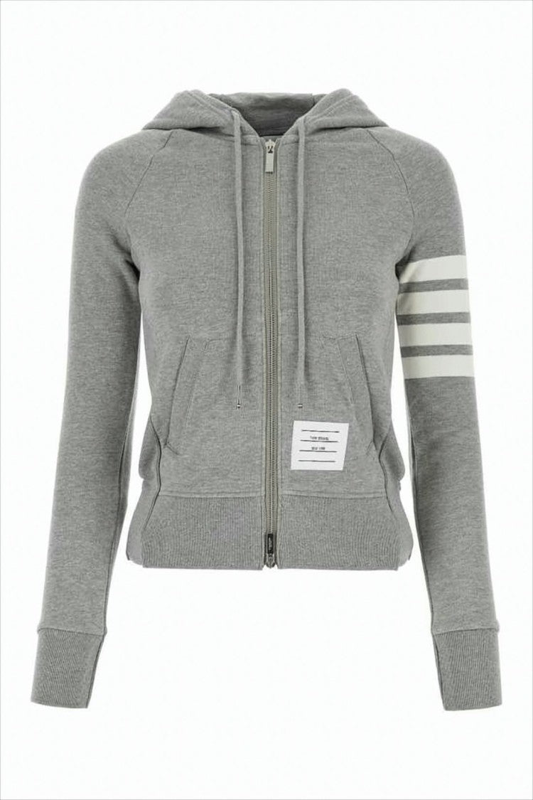 Fitted Grey Zip-Up Hoodie with Signature Stripes Detail