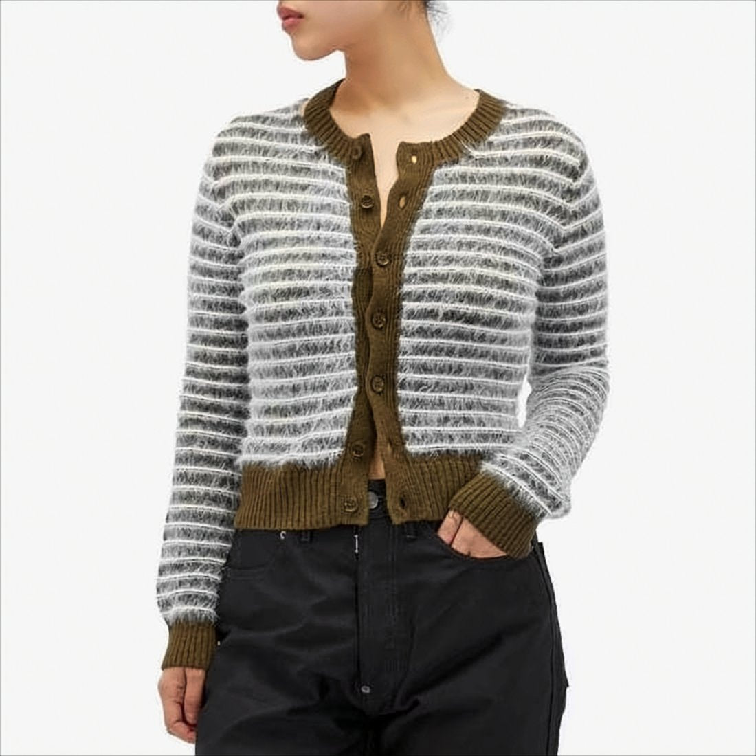 Fuzzy Knit Cardigan With Textured Stripes And Button-Down Front