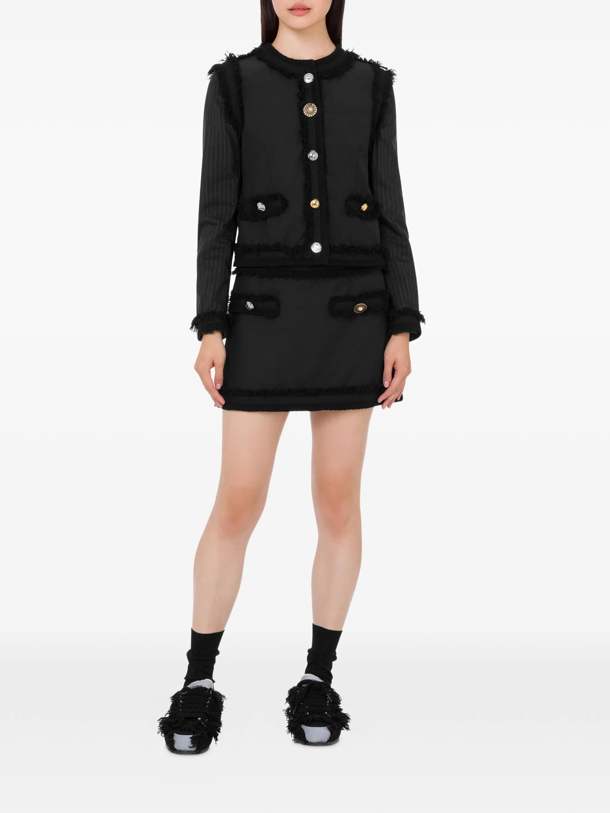 Fringed Boucle Wool Cropped Jacket With Buttons