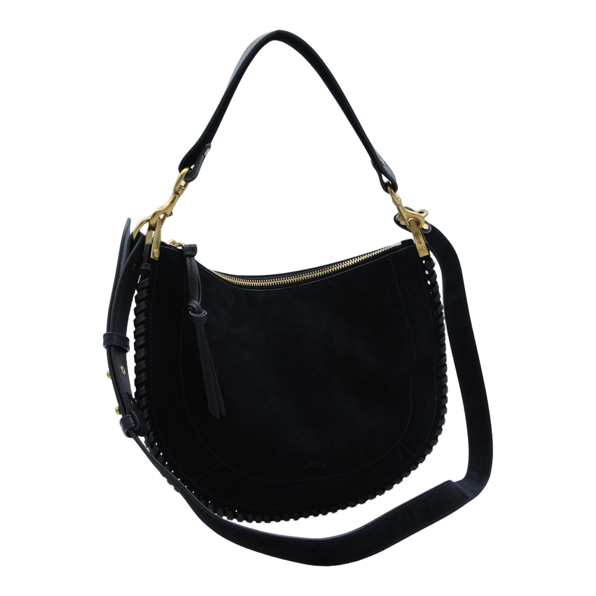 Crescent-Shaped Black Suede Handbag With Whipstitch Trim