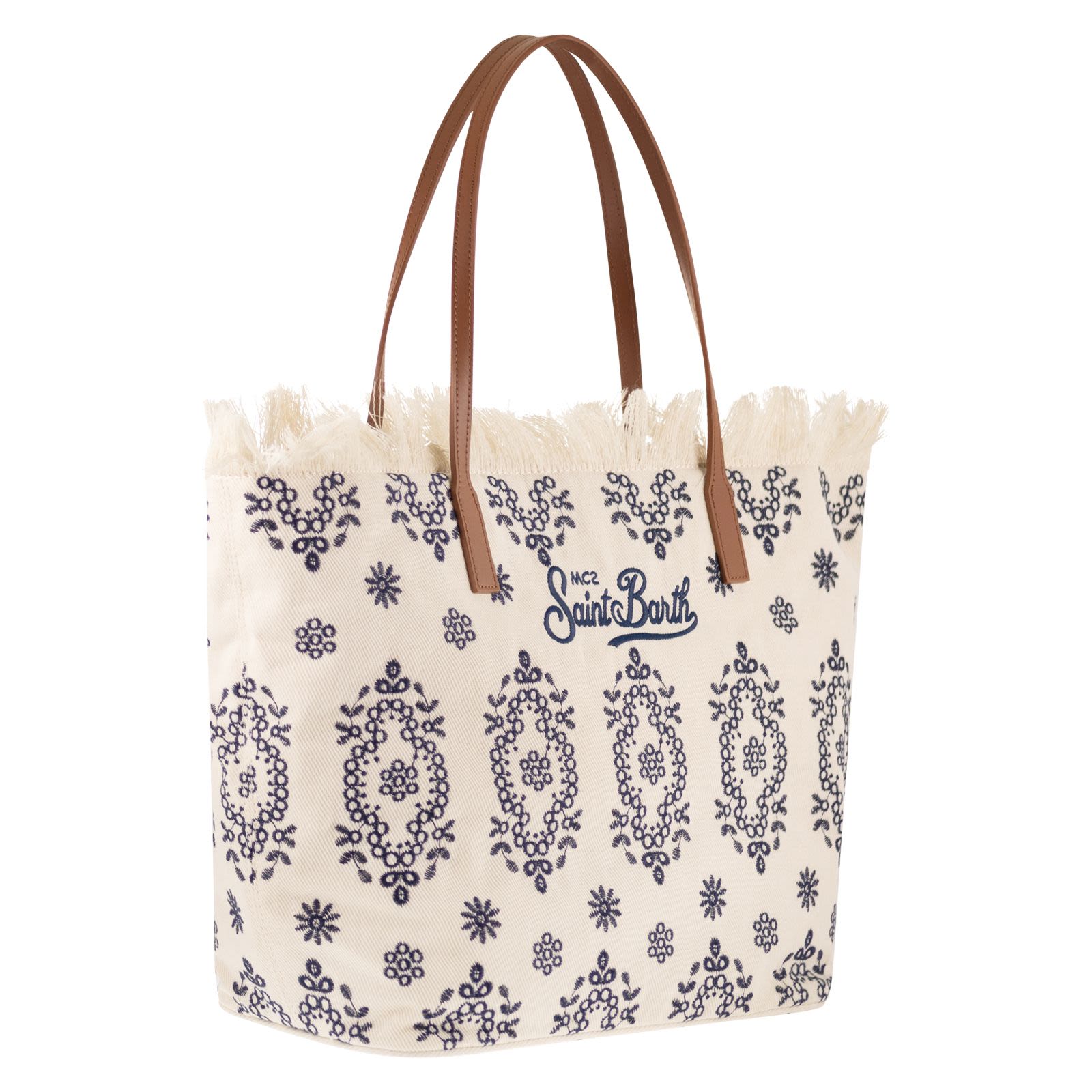 Spacious Cream Tote Bag with Navy Embroidery