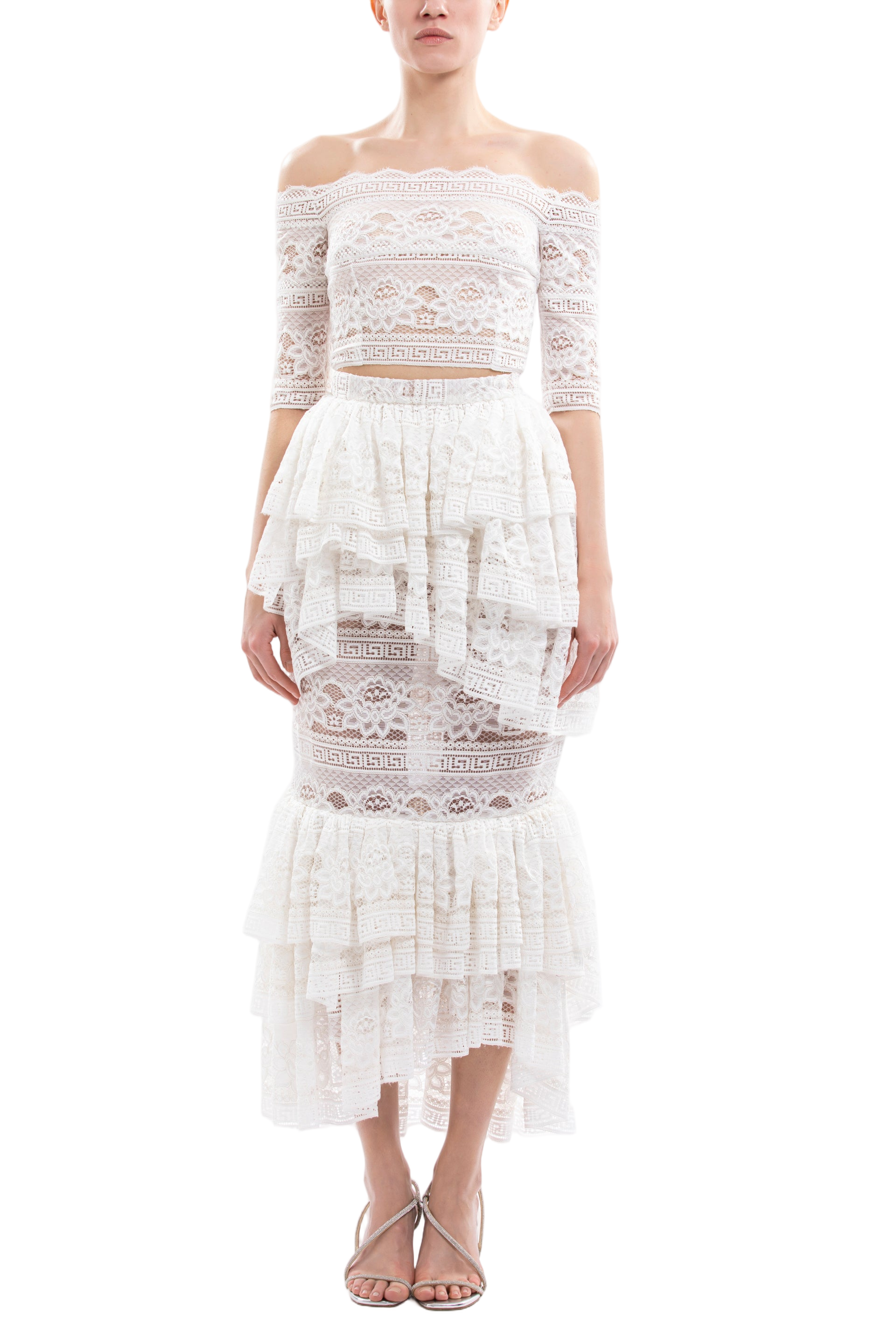Off-White Lace Top with Ruffled Midi Skirt