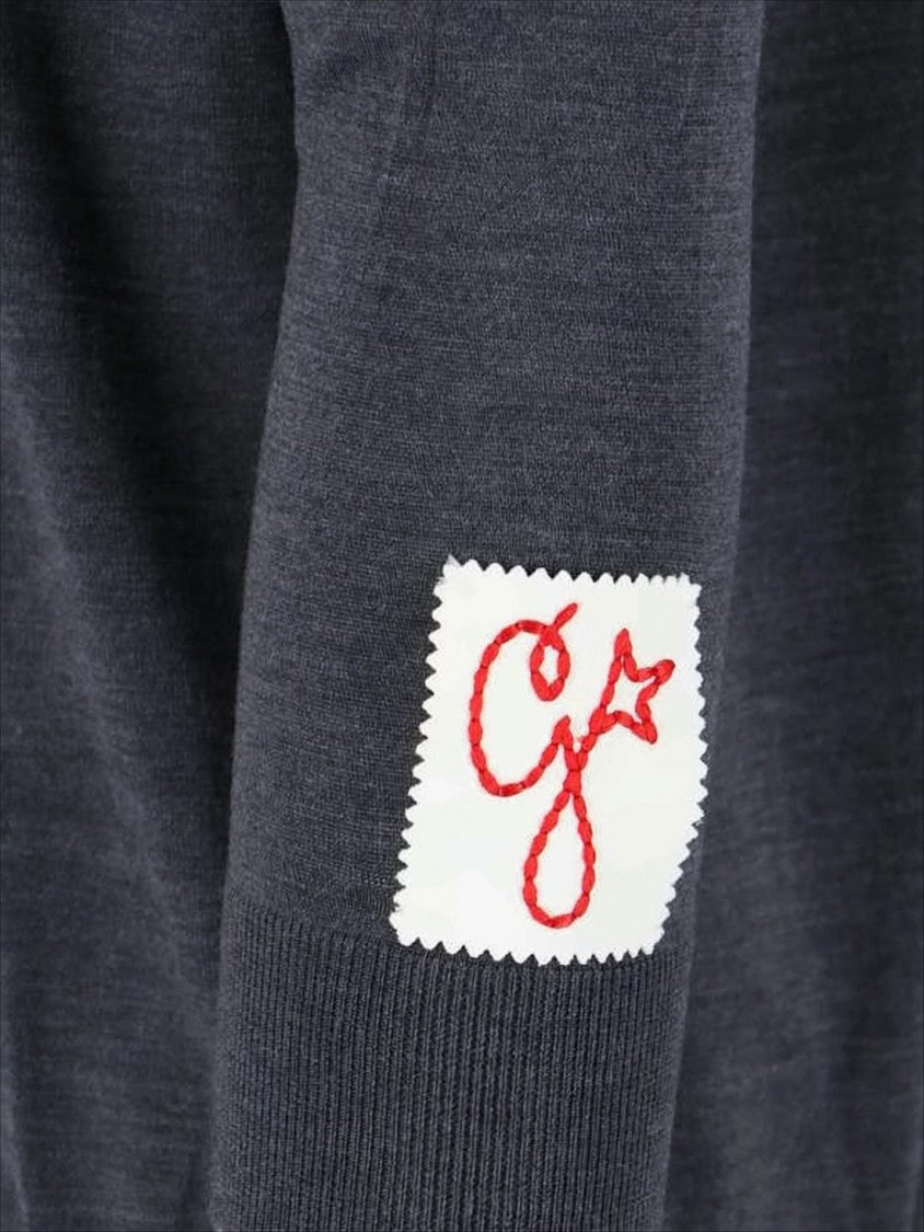 Subtle Grey Wool Sweater with Embroidered Patch and Star Accents