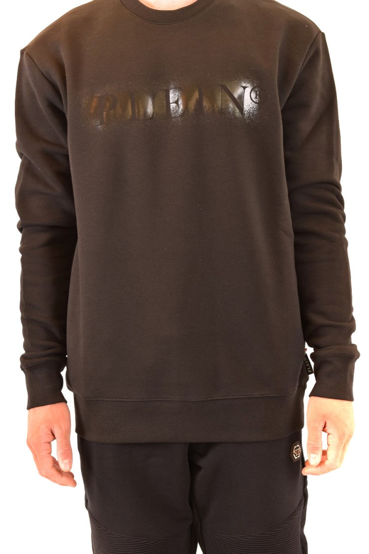 Glossy Embossed Black Sweatshirt With Crew Neck