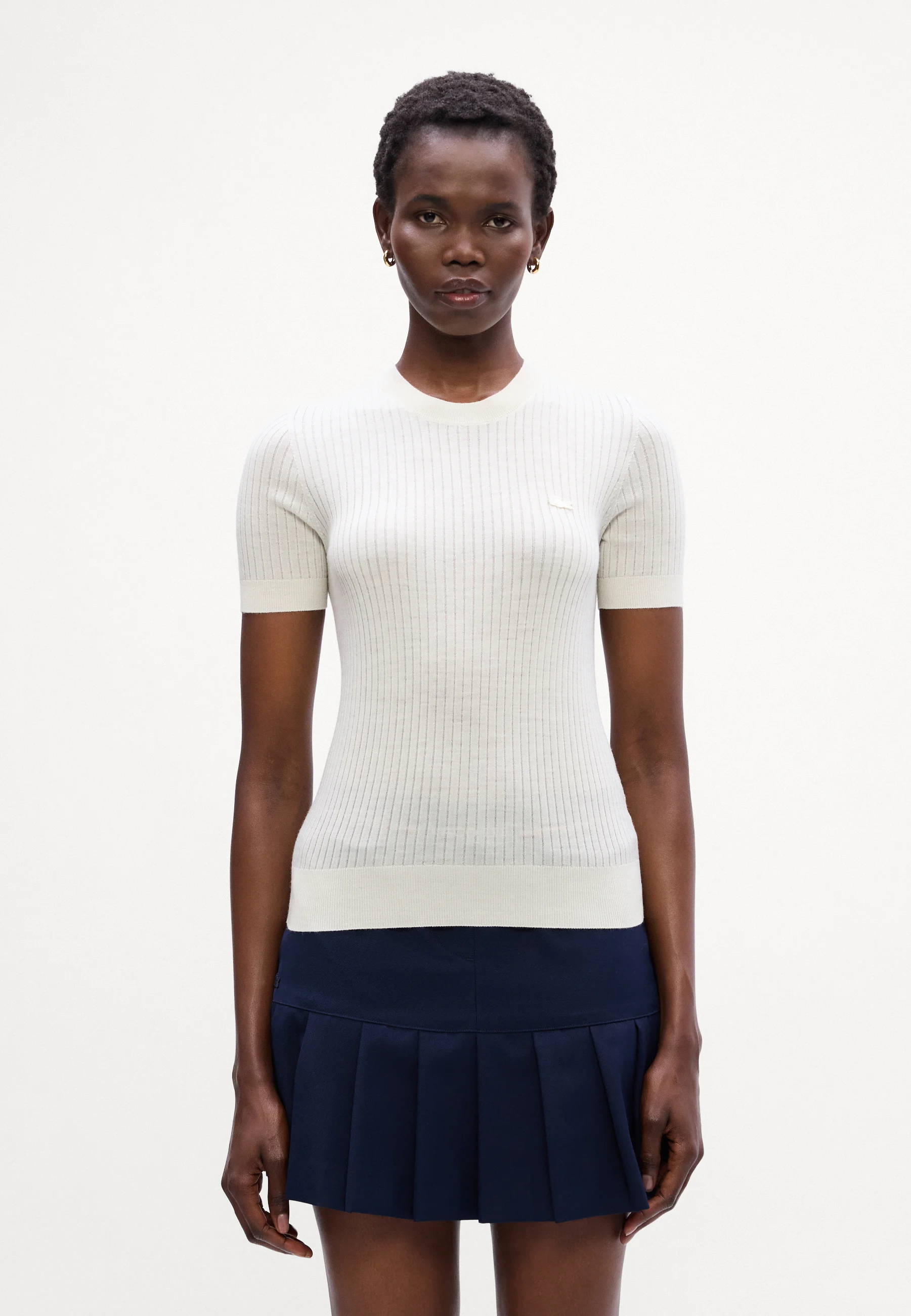 White Short Sleeve Ribbed Knit Top