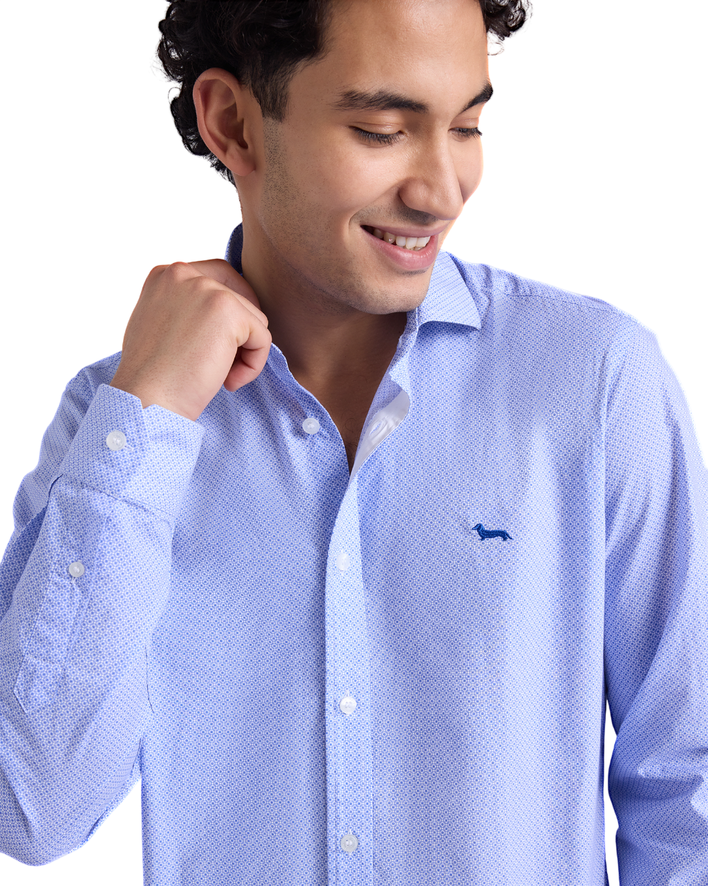 Clear Blue Micro-Print Shirt with Buttonless Collar