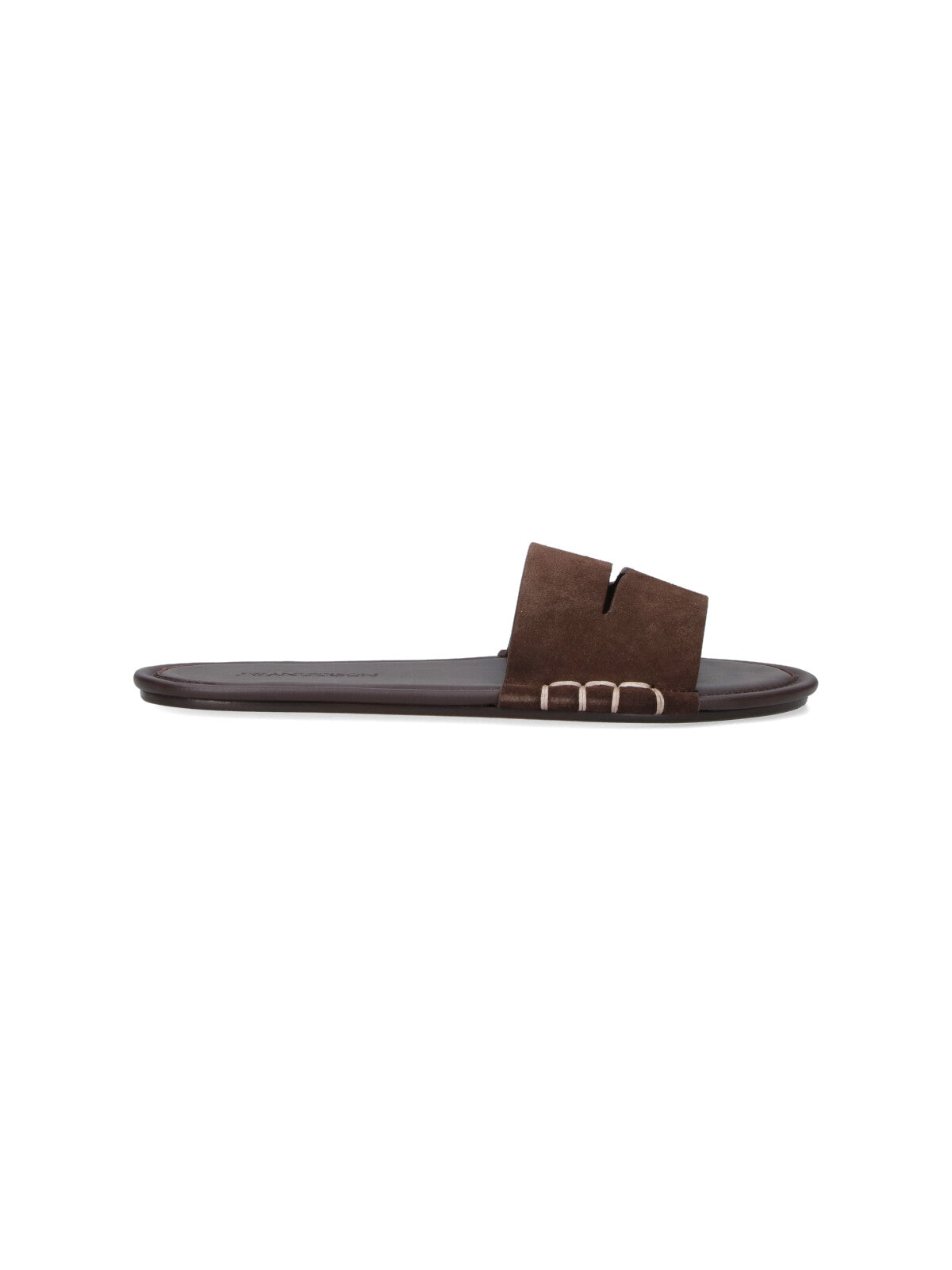 Brown Calf Leather Open-Toe Slides with Contrast Stitching