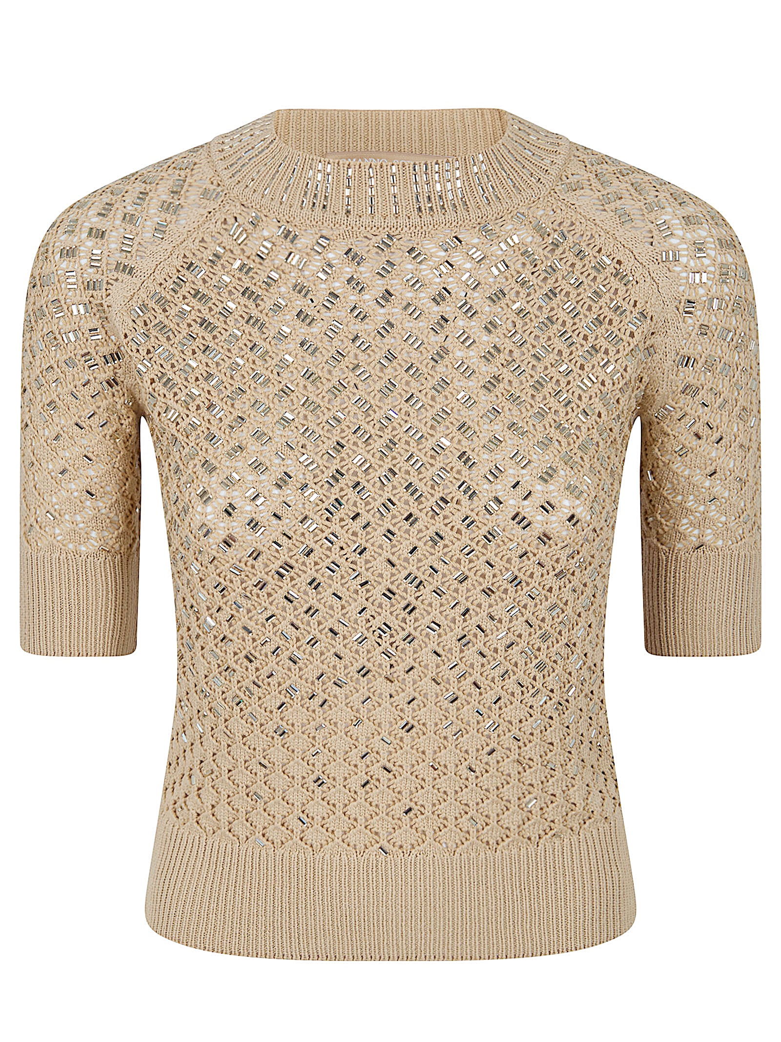 Short-Sleeved Knit Sweater With Openwork Diamond Pattern