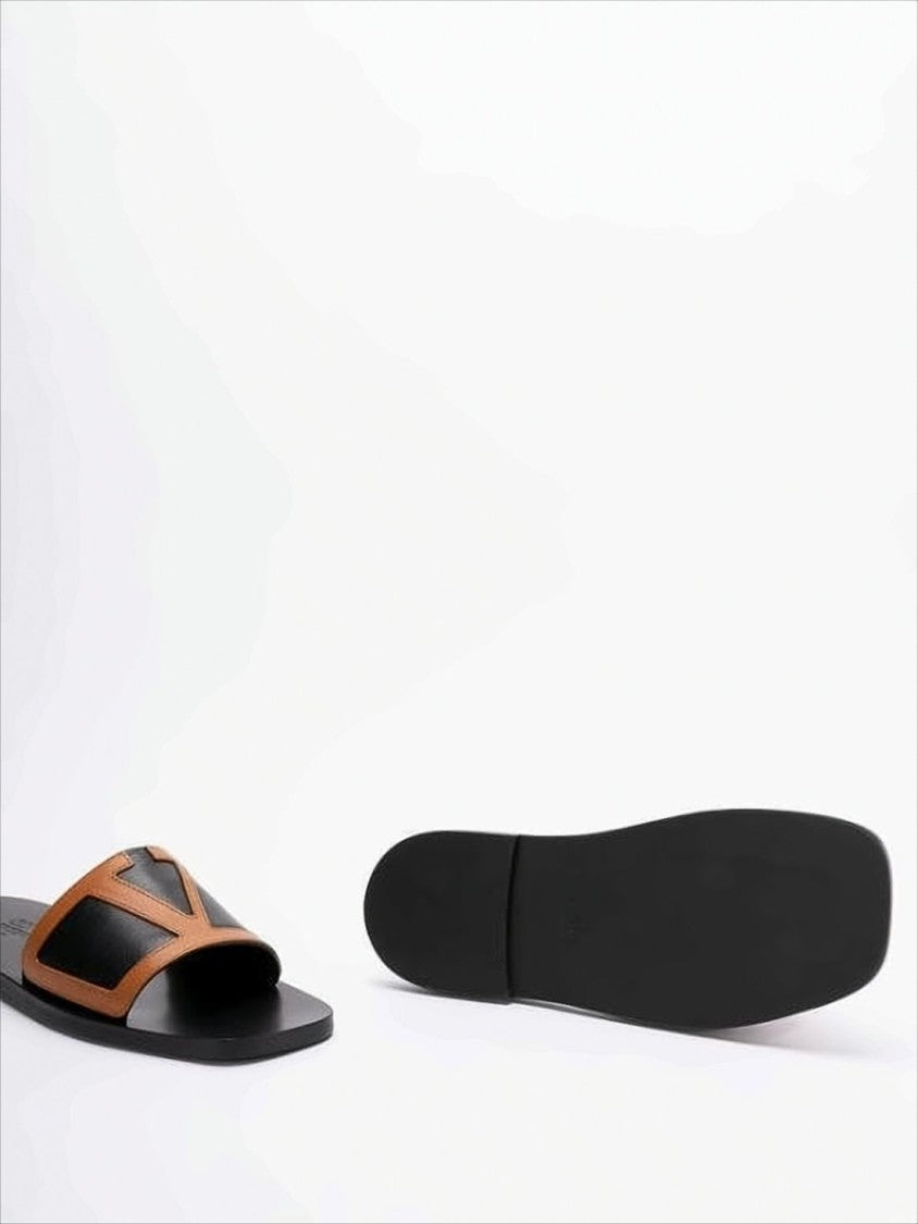 Leather Slide Sandals with Distinctive 'V' Design