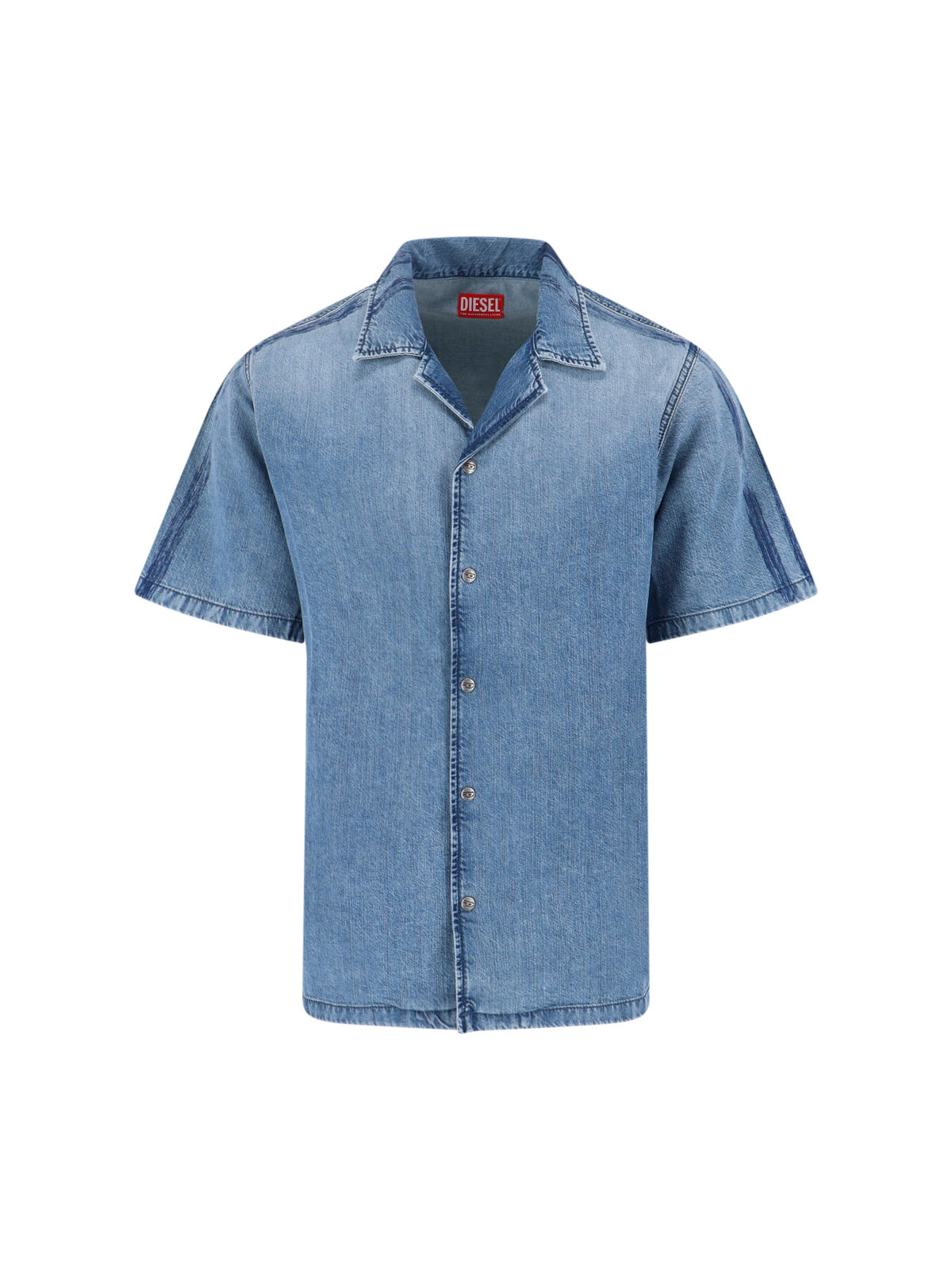 Short-Sleeved Denim Shirt With Classic Collar And Bold Back Print