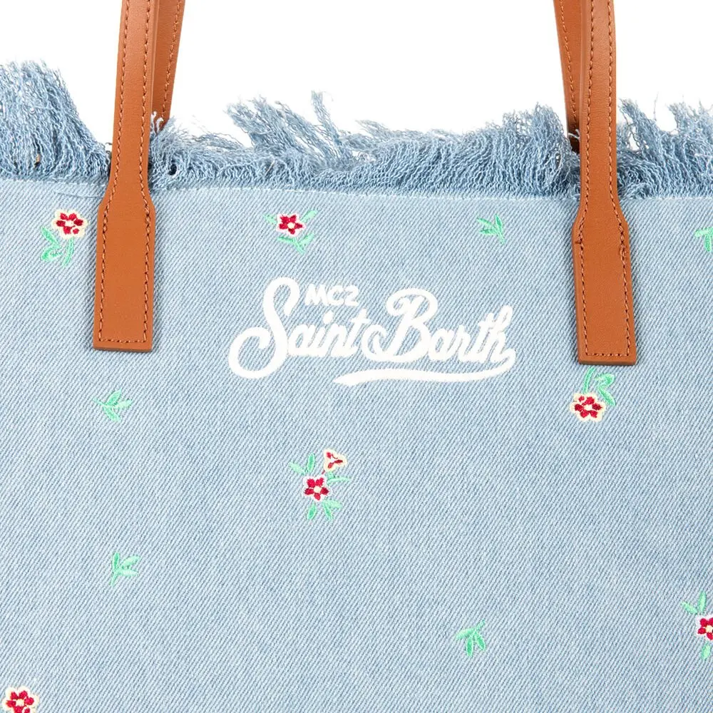Light Blue Denim Tote Bag with Floral Embroidery