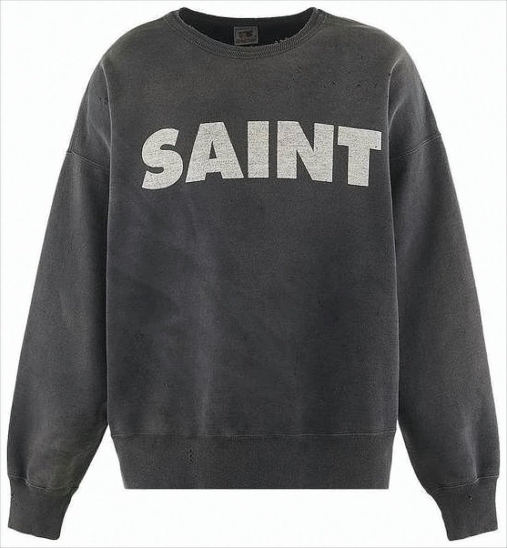 Washed Black Long-Sleeve Sweatshirt With Distressed Graphics