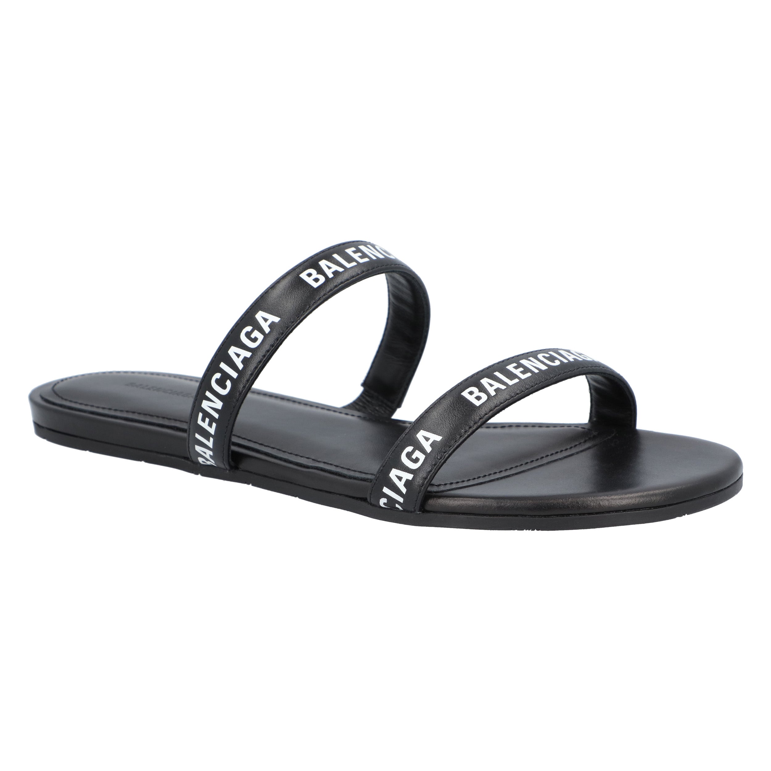 Round Flat Leather Sandals Black